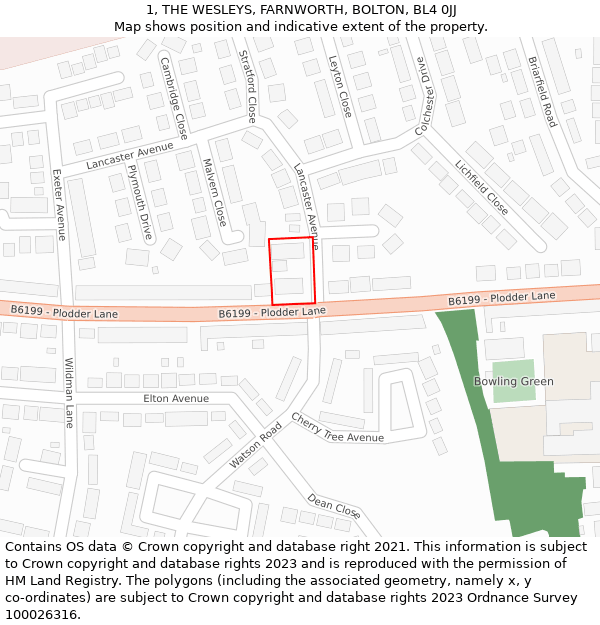 1, THE WESLEYS, FARNWORTH, BOLTON, BL4 0JJ: Location map and indicative extent of plot