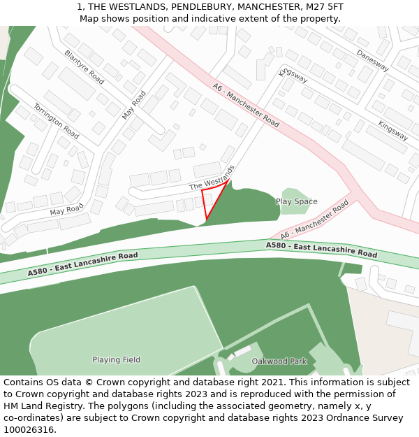 1, THE WESTLANDS, PENDLEBURY, MANCHESTER, M27 5FT: Location map and indicative extent of plot