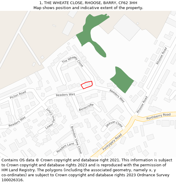 1, THE WHEATE CLOSE, RHOOSE, BARRY, CF62 3HH: Location map and indicative extent of plot