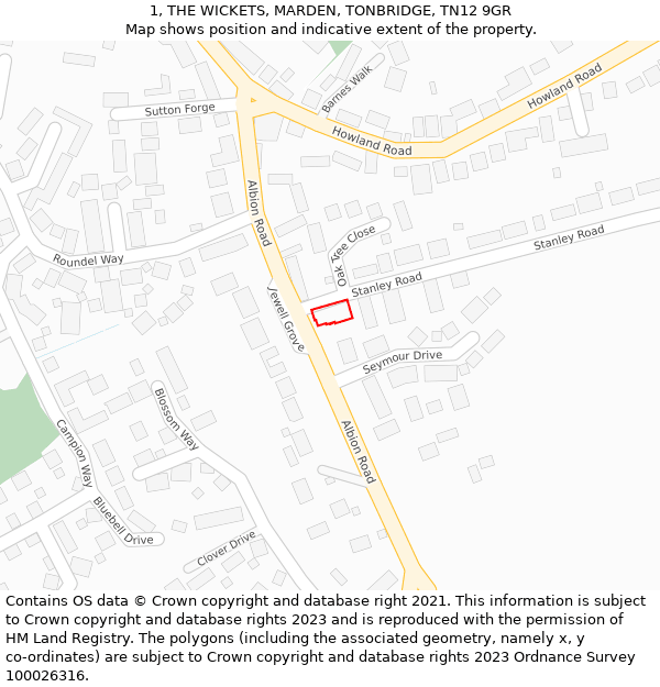 1, THE WICKETS, MARDEN, TONBRIDGE, TN12 9GR: Location map and indicative extent of plot