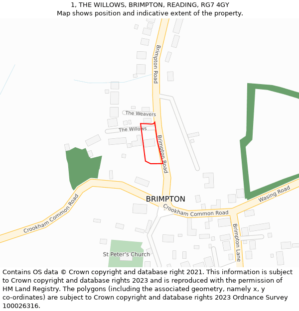 1, THE WILLOWS, BRIMPTON, READING, RG7 4GY: Location map and indicative extent of plot