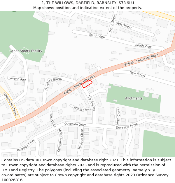 1, THE WILLOWS, DARFIELD, BARNSLEY, S73 9LU: Location map and indicative extent of plot