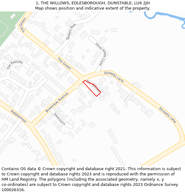 1, THE WILLOWS, EDLESBOROUGH, DUNSTABLE, LU6 2JH: Location map and indicative extent of plot