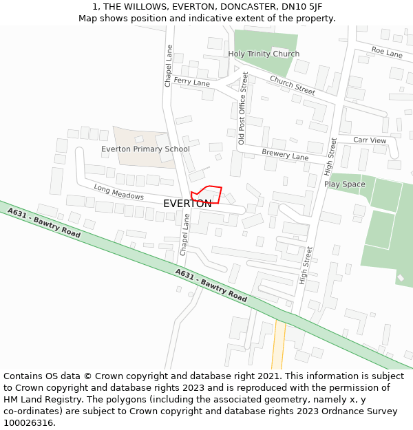 1, THE WILLOWS, EVERTON, DONCASTER, DN10 5JF: Location map and indicative extent of plot