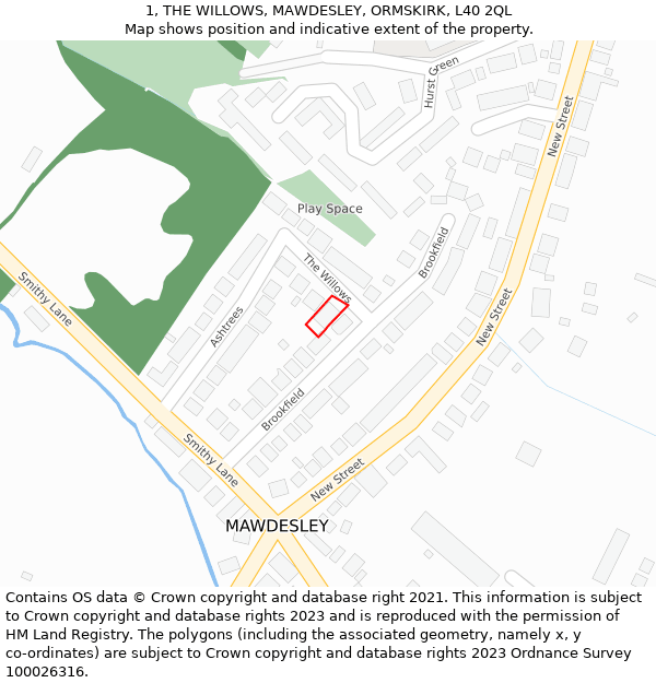 1, THE WILLOWS, MAWDESLEY, ORMSKIRK, L40 2QL: Location map and indicative extent of plot