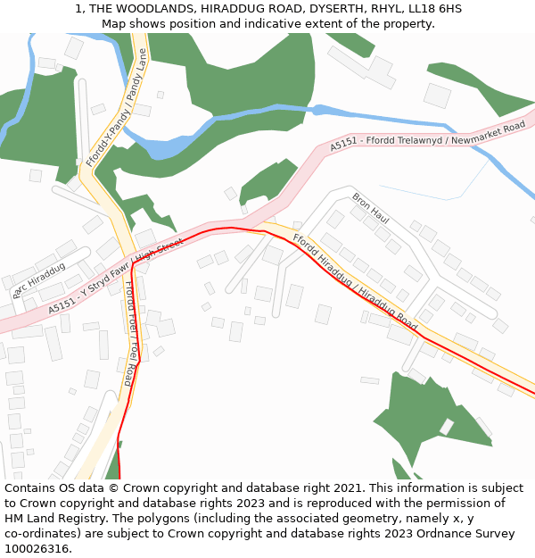 1, THE WOODLANDS, HIRADDUG ROAD, DYSERTH, RHYL, LL18 6HS: Location map and indicative extent of plot