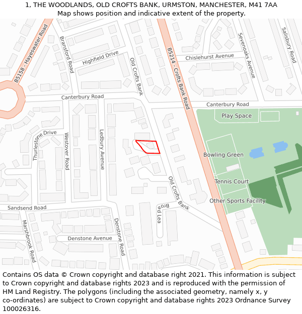 1, THE WOODLANDS, OLD CROFTS BANK, URMSTON, MANCHESTER, M41 7AA: Location map and indicative extent of plot