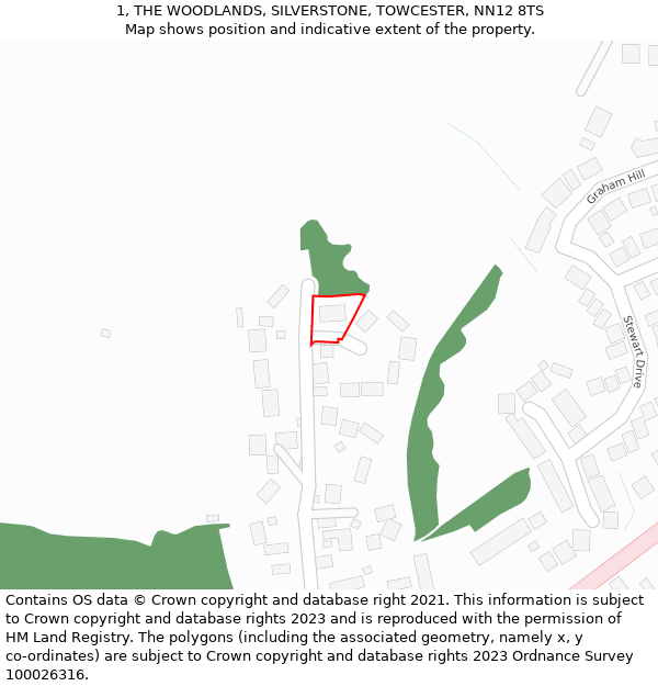 1, THE WOODLANDS, SILVERSTONE, TOWCESTER, NN12 8TS: Location map and indicative extent of plot