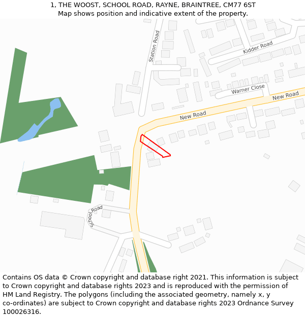 1, THE WOOST, SCHOOL ROAD, RAYNE, BRAINTREE, CM77 6ST: Location map and indicative extent of plot
