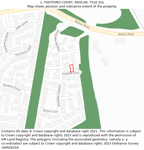 1, THETFORD COURT, REDCAR, TS10 2UL: Location map and indicative extent of plot