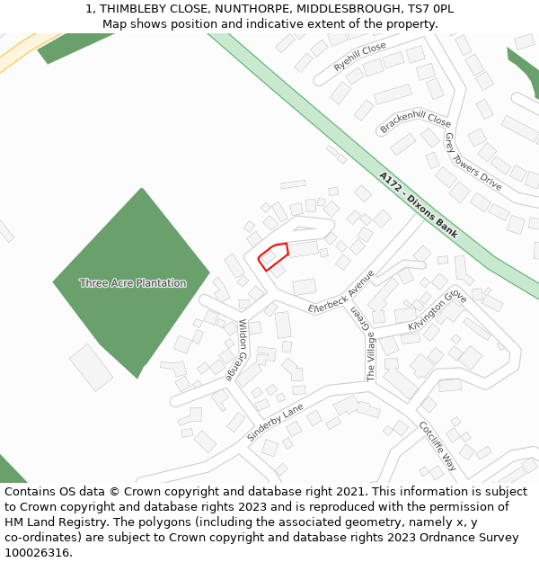 1, THIMBLEBY CLOSE, NUNTHORPE, MIDDLESBROUGH, TS7 0PL: Location map and indicative extent of plot