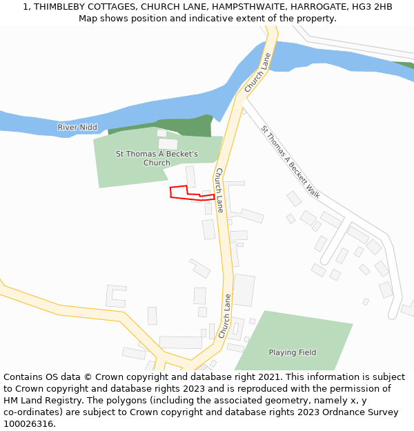 1, THIMBLEBY COTTAGES, CHURCH LANE, HAMPSTHWAITE, HARROGATE, HG3 2HB: Location map and indicative extent of plot