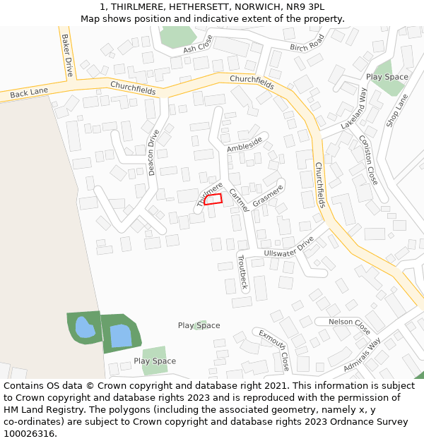 1, THIRLMERE, HETHERSETT, NORWICH, NR9 3PL: Location map and indicative extent of plot