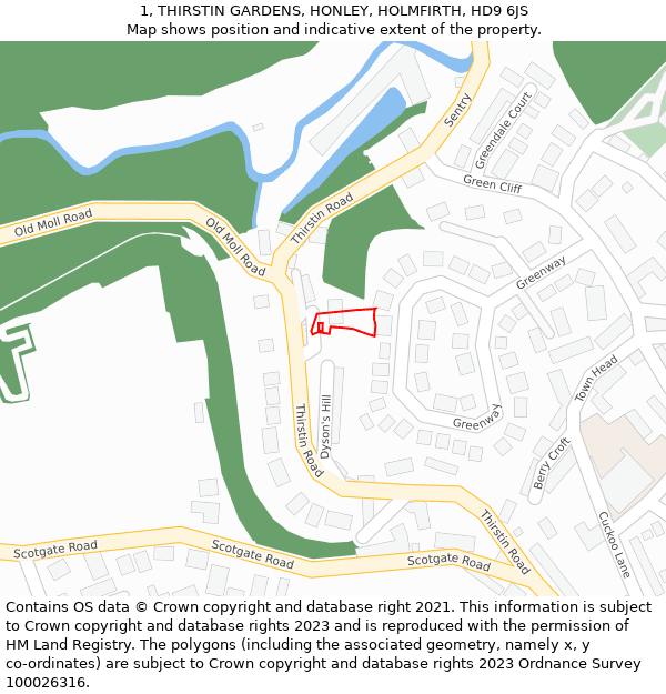 1, THIRSTIN GARDENS, HONLEY, HOLMFIRTH, HD9 6JS: Location map and indicative extent of plot