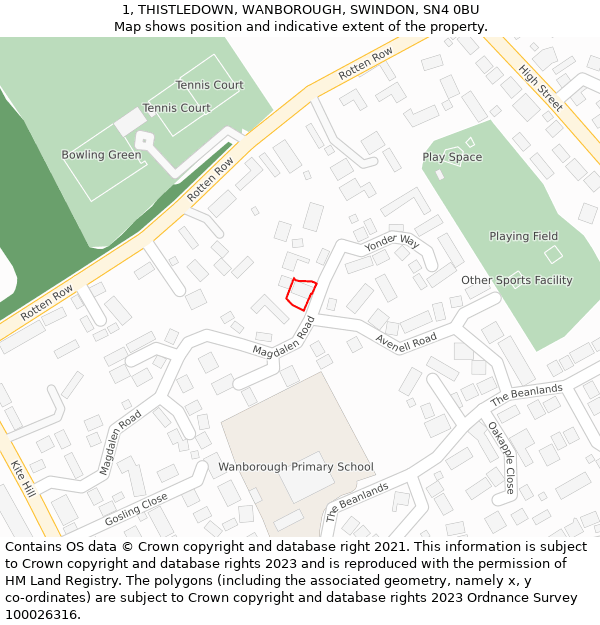 1, THISTLEDOWN, WANBOROUGH, SWINDON, SN4 0BU: Location map and indicative extent of plot