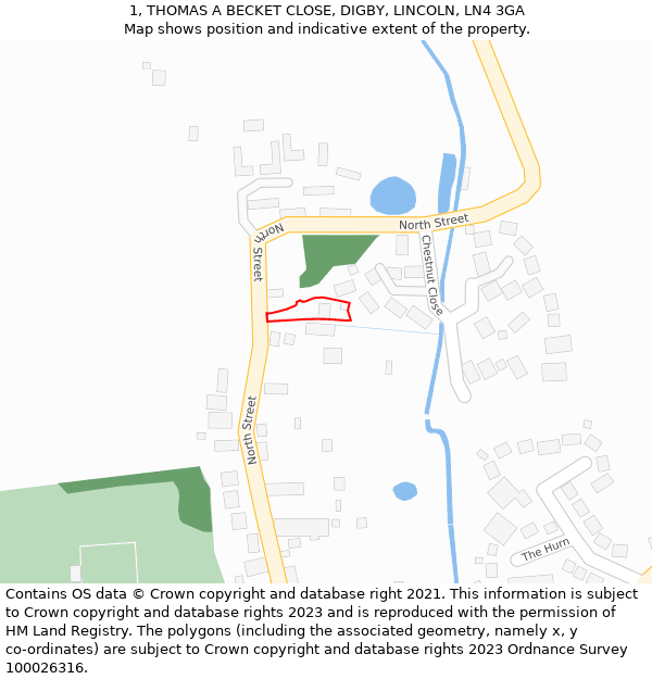 1, THOMAS A BECKET CLOSE, DIGBY, LINCOLN, LN4 3GA: Location map and indicative extent of plot
