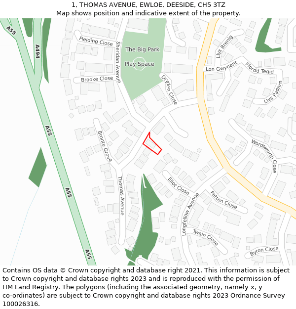 1, THOMAS AVENUE, EWLOE, DEESIDE, CH5 3TZ: Location map and indicative extent of plot