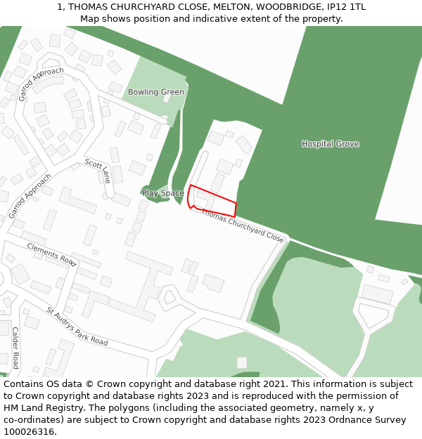 1, THOMAS CHURCHYARD CLOSE, MELTON, WOODBRIDGE, IP12 1TL: Location map and indicative extent of plot