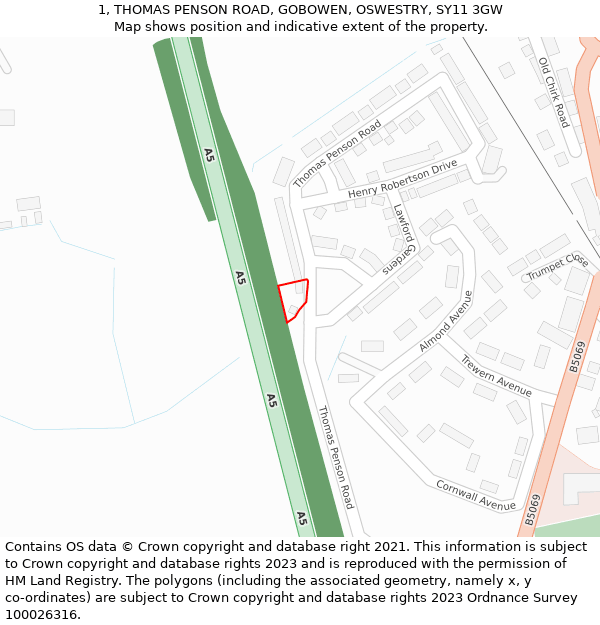 1, THOMAS PENSON ROAD, GOBOWEN, OSWESTRY, SY11 3GW: Location map and indicative extent of plot