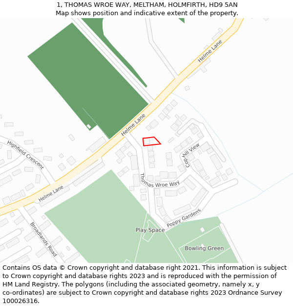 1, THOMAS WROE WAY, MELTHAM, HOLMFIRTH, HD9 5AN: Location map and indicative extent of plot