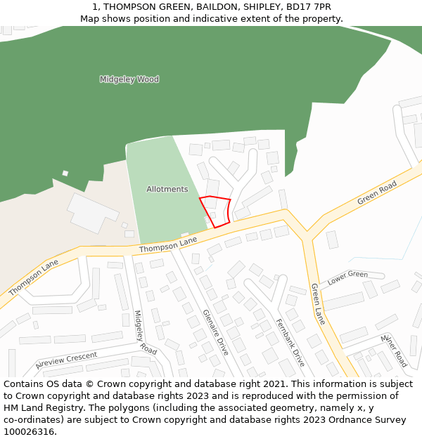 1, THOMPSON GREEN, BAILDON, SHIPLEY, BD17 7PR: Location map and indicative extent of plot