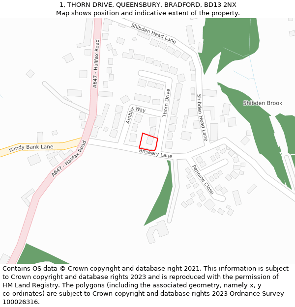 1, THORN DRIVE, QUEENSBURY, BRADFORD, BD13 2NX: Location map and indicative extent of plot