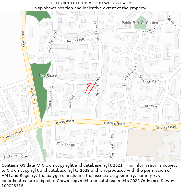 1, THORN TREE DRIVE, CREWE, CW1 4UA: Location map and indicative extent of plot