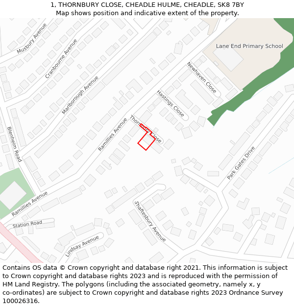 1, THORNBURY CLOSE, CHEADLE HULME, CHEADLE, SK8 7BY: Location map and indicative extent of plot