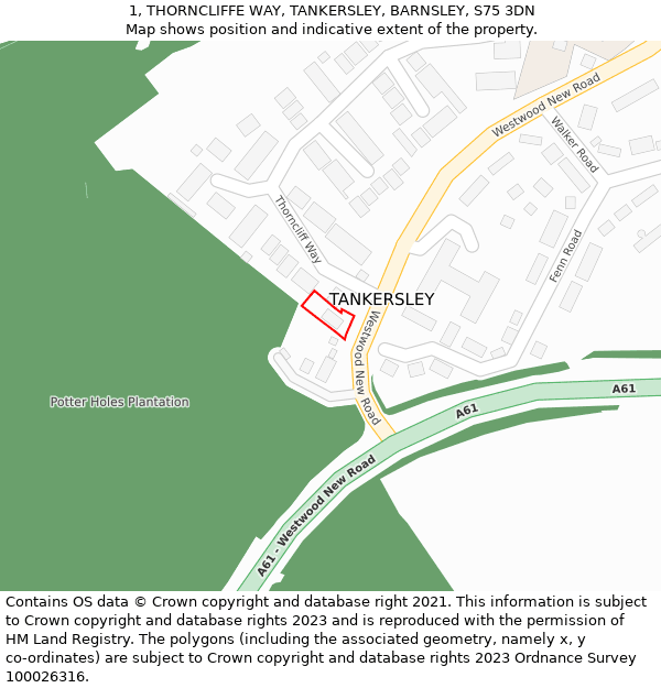 1, THORNCLIFFE WAY, TANKERSLEY, BARNSLEY, S75 3DN: Location map and indicative extent of plot