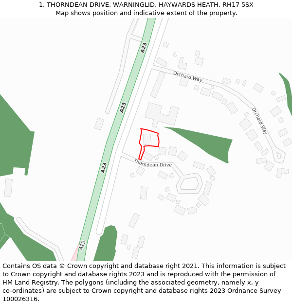 1, THORNDEAN DRIVE, WARNINGLID, HAYWARDS HEATH, RH17 5SX: Location map and indicative extent of plot