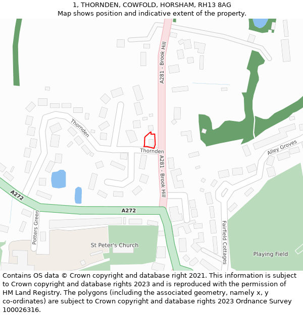 1, THORNDEN, COWFOLD, HORSHAM, RH13 8AG: Location map and indicative extent of plot