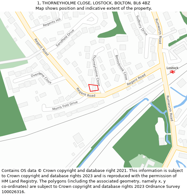 1, THORNEYHOLME CLOSE, LOSTOCK, BOLTON, BL6 4BZ: Location map and indicative extent of plot