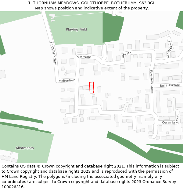 1, THORNHAM MEADOWS, GOLDTHORPE, ROTHERHAM, S63 9GL: Location map and indicative extent of plot