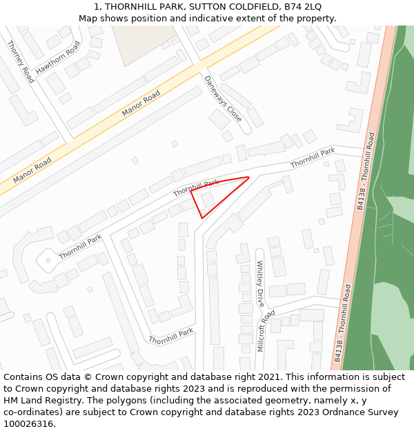 1, THORNHILL PARK, SUTTON COLDFIELD, B74 2LQ: Location map and indicative extent of plot