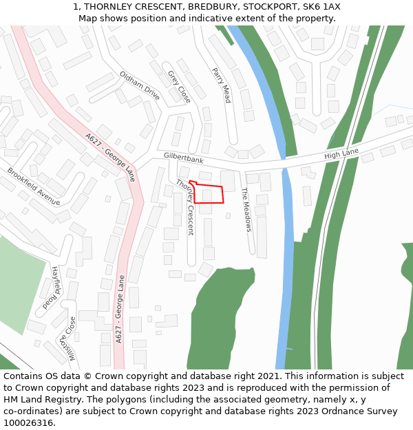 1, THORNLEY CRESCENT, BREDBURY, STOCKPORT, SK6 1AX: Location map and indicative extent of plot