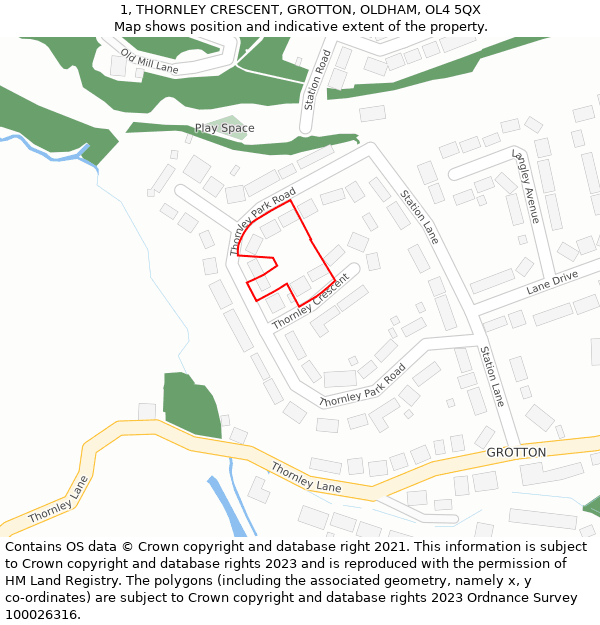 1, THORNLEY CRESCENT, GROTTON, OLDHAM, OL4 5QX: Location map and indicative extent of plot