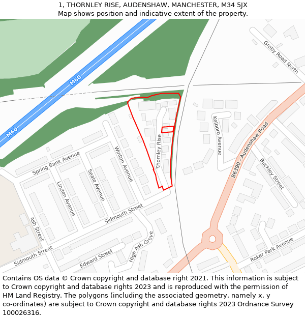 1, THORNLEY RISE, AUDENSHAW, MANCHESTER, M34 5JX: Location map and indicative extent of plot