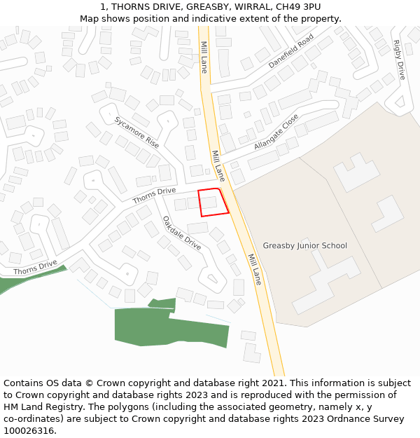 1, THORNS DRIVE, GREASBY, WIRRAL, CH49 3PU: Location map and indicative extent of plot