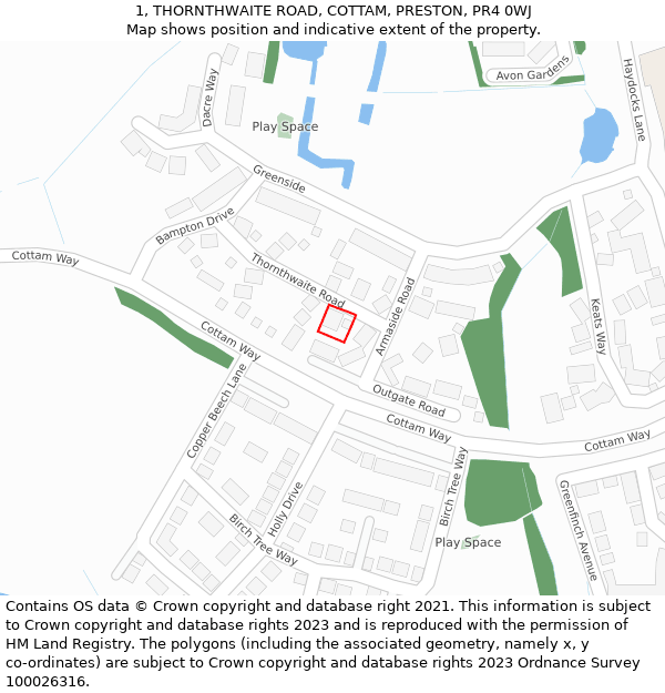 1, THORNTHWAITE ROAD, COTTAM, PRESTON, PR4 0WJ: Location map and indicative extent of plot