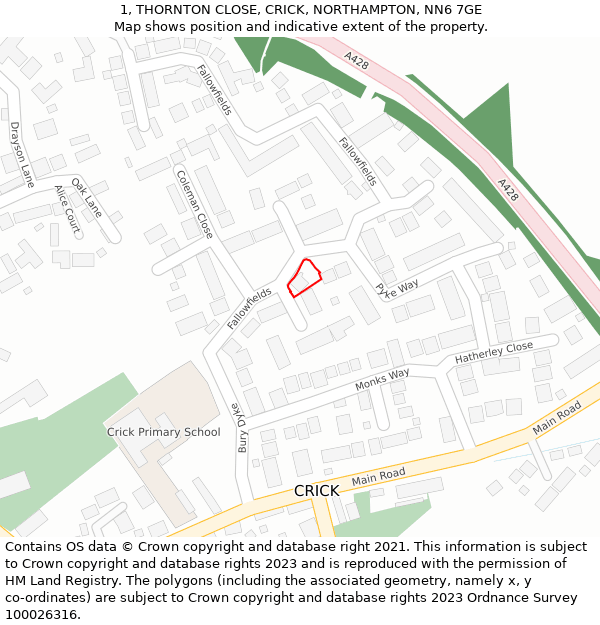 1, THORNTON CLOSE, CRICK, NORTHAMPTON, NN6 7GE: Location map and indicative extent of plot