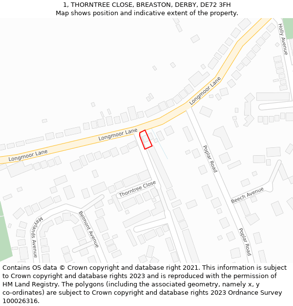 1, THORNTREE CLOSE, BREASTON, DERBY, DE72 3FH: Location map and indicative extent of plot