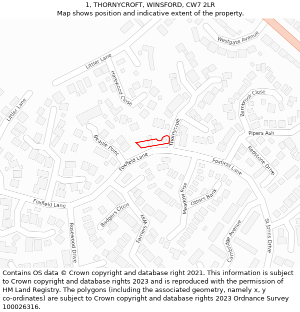 1, THORNYCROFT, WINSFORD, CW7 2LR: Location map and indicative extent of plot