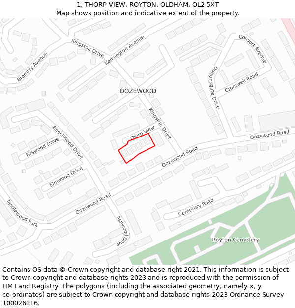 1, THORP VIEW, ROYTON, OLDHAM, OL2 5XT: Location map and indicative extent of plot