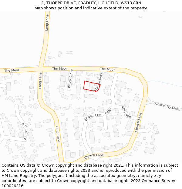 1, THORPE DRIVE, FRADLEY, LICHFIELD, WS13 8RN: Location map and indicative extent of plot