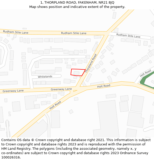 1, THORPLAND ROAD, FAKENHAM, NR21 8JQ: Location map and indicative extent of plot