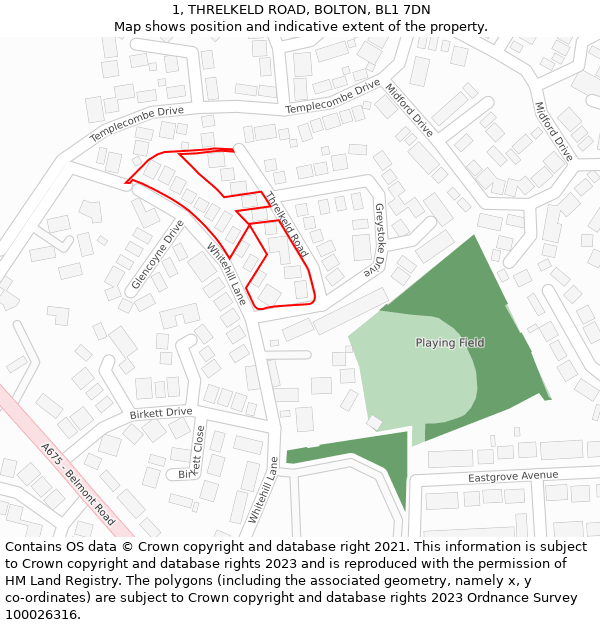 1, THRELKELD ROAD, BOLTON, BL1 7DN: Location map and indicative extent of plot