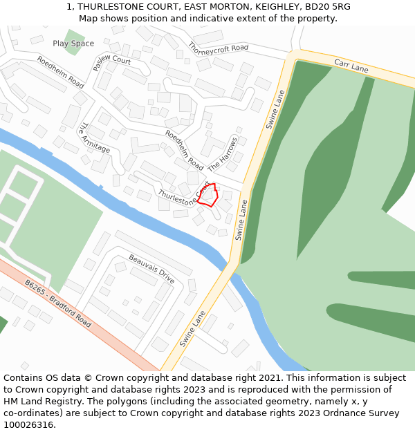 1, THURLESTONE COURT, EAST MORTON, KEIGHLEY, BD20 5RG: Location map and indicative extent of plot