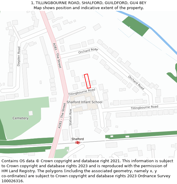 1, TILLINGBOURNE ROAD, SHALFORD, GUILDFORD, GU4 8EY: Location map and indicative extent of plot