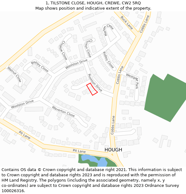 1, TILSTONE CLOSE, HOUGH, CREWE, CW2 5RQ: Location map and indicative extent of plot