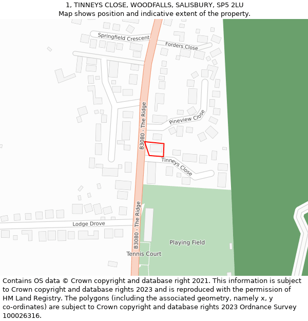 1, TINNEYS CLOSE, WOODFALLS, SALISBURY, SP5 2LU: Location map and indicative extent of plot